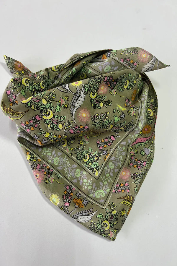 Yeşil Çiçek Desenli Pamuk Bandana - Pamuklu Bandana Fular Günlük Kullanım Için
