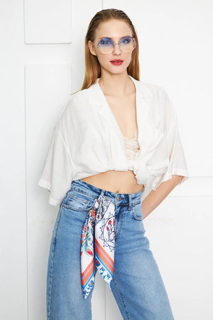 Kadın Mavi Desenli Fular Bandana - Stil Sahibi Kadın Bandana Fular