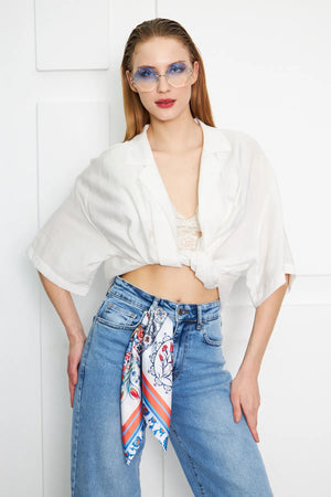 Kadın Mavi Desenli Fular Bandana - Stil Sahibi Kadın Bandana Fular