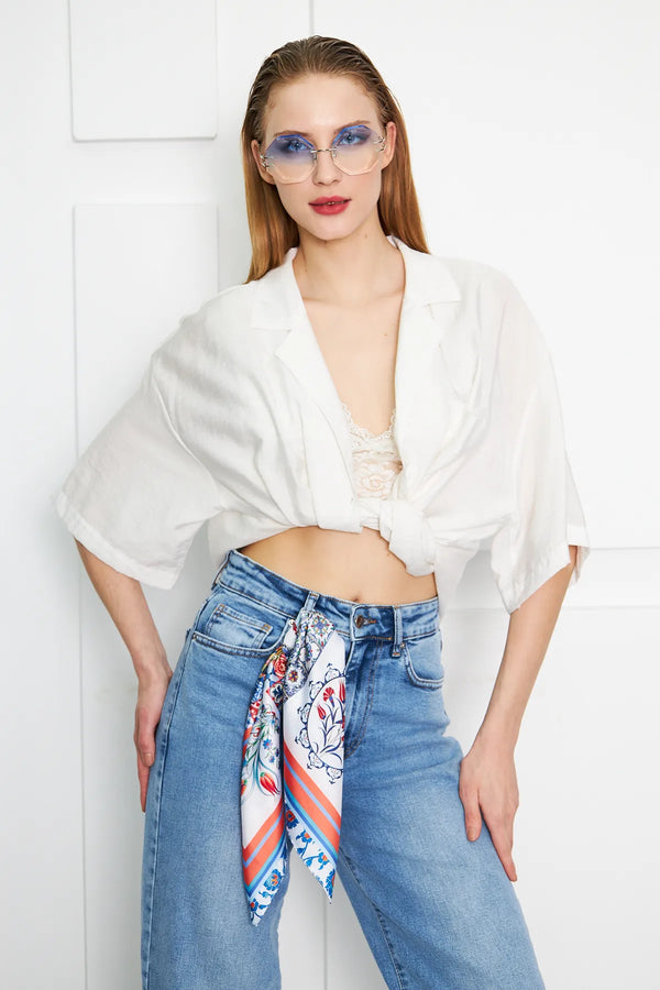 Kadın Mavi Desenli Fular Bandana - Stil Sahibi Kadın Bandana Fular