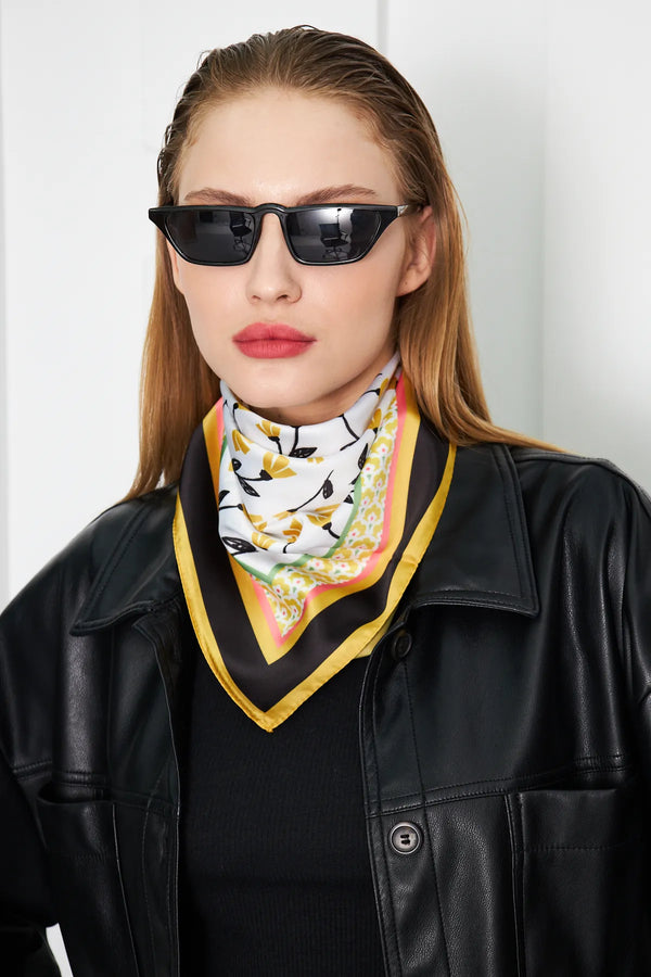 Sarı Çiçek Desenli Kadın Fular - Renkli Desenli Kadın Fular